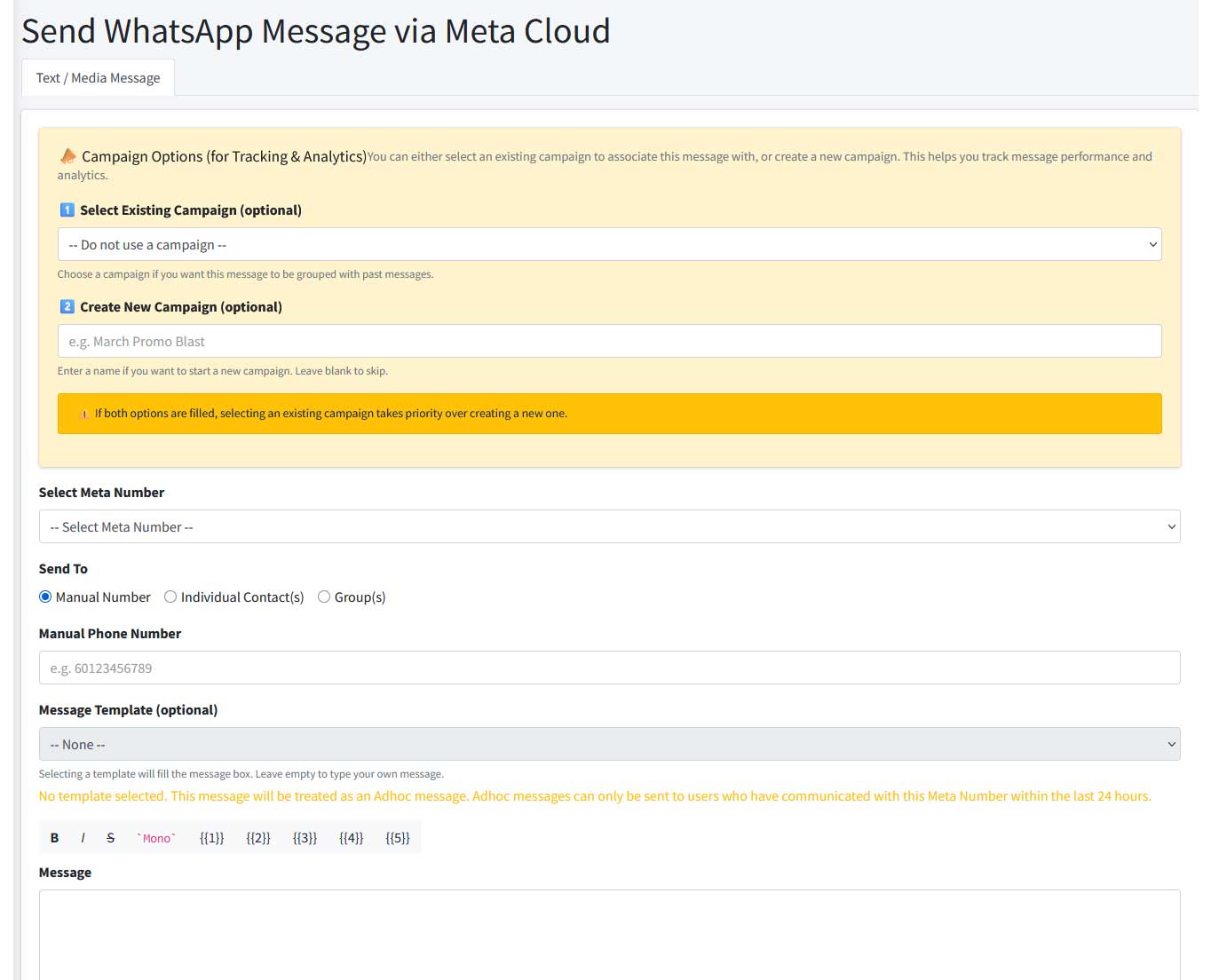 Send WhatsApp message via Meta Cloud