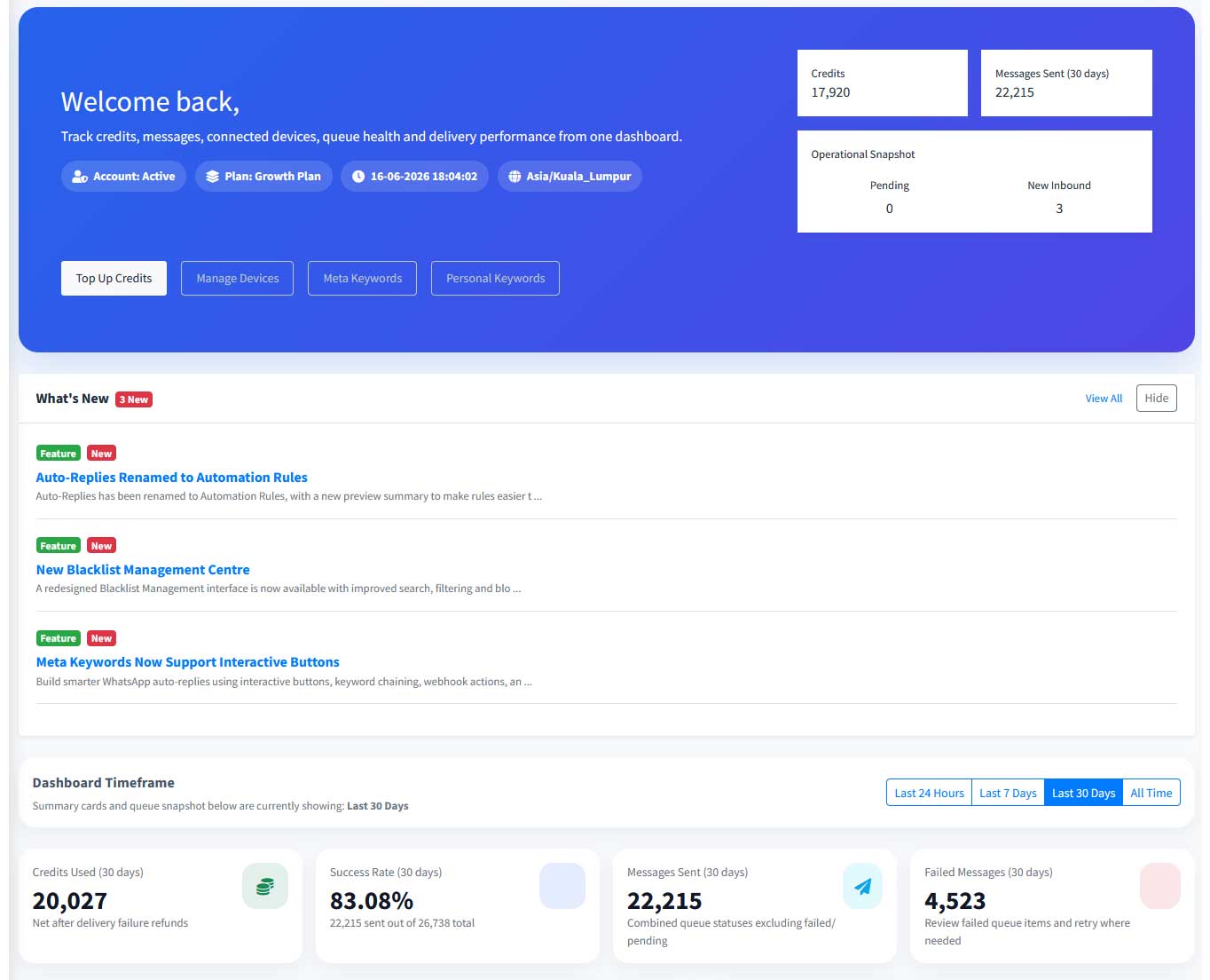WebWMS2u user dashboard